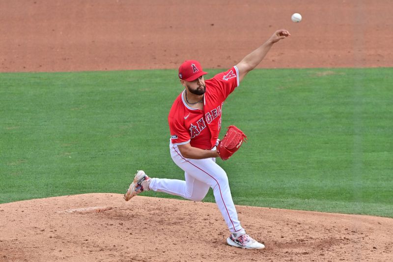 Mar 6, 2024; Tempe, Arizona, USA;  Los Angeles Angels starting pitcher Patrick Sandoval (43) throws in the third inning against the Oakland Athletics during a spring training game at Tempe Diablo Stadium. Mandatory Credit: Matt Kartozian-USA TODAY Sports
