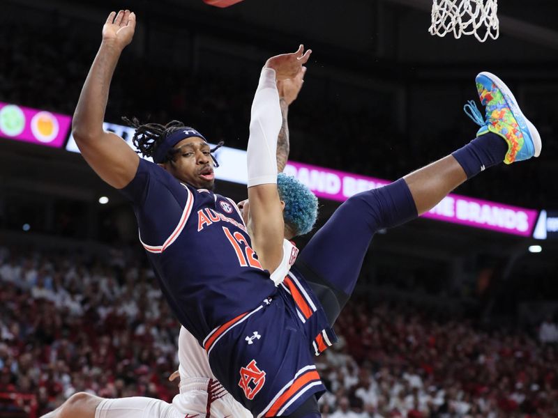 Jan 6, 2024; Fayetteville, Arkansas, USA; Auburn Tigers guard Denver Jones (12) is fouled while shooting by Arkansas Razorbacks forward Jalen Graham (11) during the first half at Bud Walton Arena. Mandatory Credit: Nelson Chenault-USA TODAY Sports