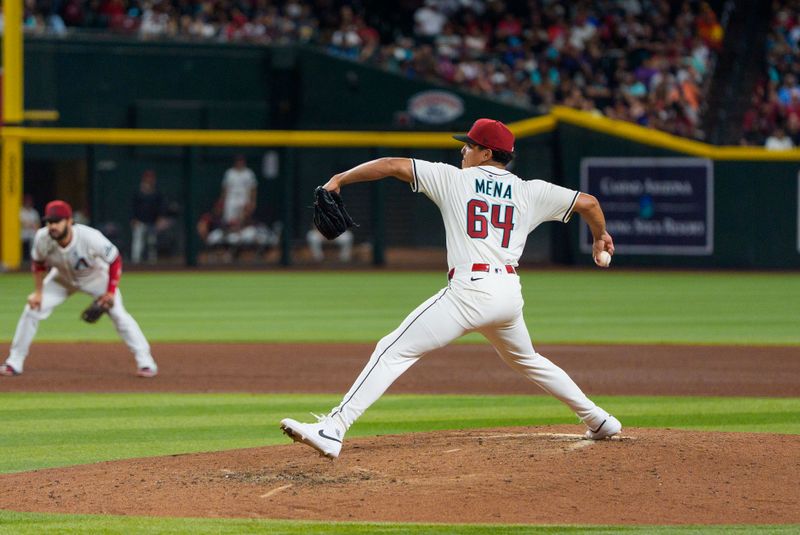 Jun 1, 2025; Phoenix, Arizona, USA; Arizona Diamondbacks pitcher Cristian Mena (64) comes in to pitch the sixth against the Washington Nationals at Chase Field. Mandatory Credit: Allan Henry-Imagn Images