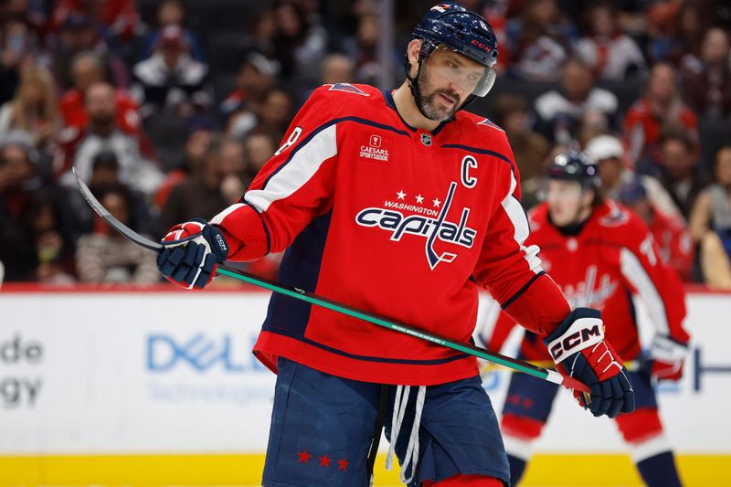 Feb 13, 2024; Washington, District of Columbia, USA; Washington Capitals left wing Alex Ovechkin (8) on ice during a stoppage in play against the Colorado Avalanche in the first period at Capital One Arena. Mandatory Credit: Geoff Burke-USA TODAY Sports