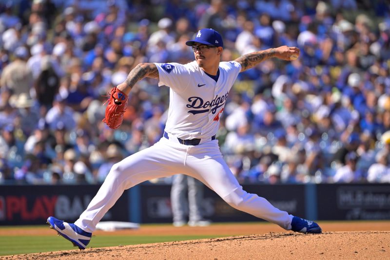 Oct 14, 2024; Los Angeles, California, USA; Los Angeles Dodgers pitcher Anthony Banda (43) pitches against the New York Mets in the fourth inning during game two of the NLCS for the 2024 MLB Playoffs at Dodger Stadium. Mandatory Credit: Jayne Kamin-Oncea-Imagn Images