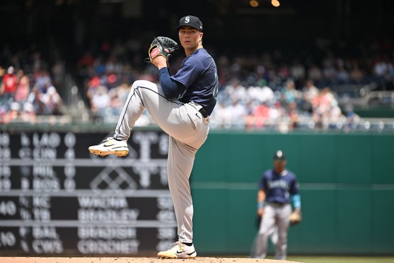 May 26, 2024; Washington, District of Columbia, USA; Seattle Mariners starting pitcher Bryan Woo (22) throws a pitch against the Washington Nationals during the first inning at Nationals Park. Mandatory Credit: Rafael Suanes-USA TODAY Sports
