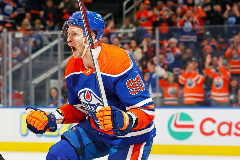 Apr 5, 2024; Edmonton, Alberta, CAN; Edmonton Oilers forward Corey Perry (90) celebrates after scoring a goal during the first period against the Colorado Avalanche at Rogers Place. Mandatory Credit: Perry Nelson-USA TODAY Sports