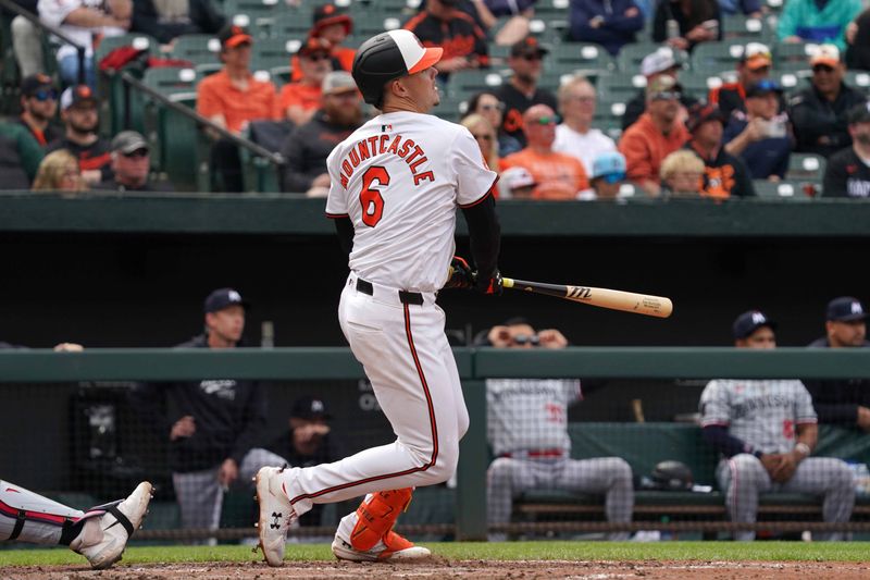 Apr 17, 2024; Baltimore, Maryland, USA; Baltimore Orioles first baseman Ryan Mountcastle (6) singles in the ninth inning against the Minnesota Twins at Oriole Park at Camden Yards. Mandatory Credit: Mitch Stringer-USA TODAY Sports