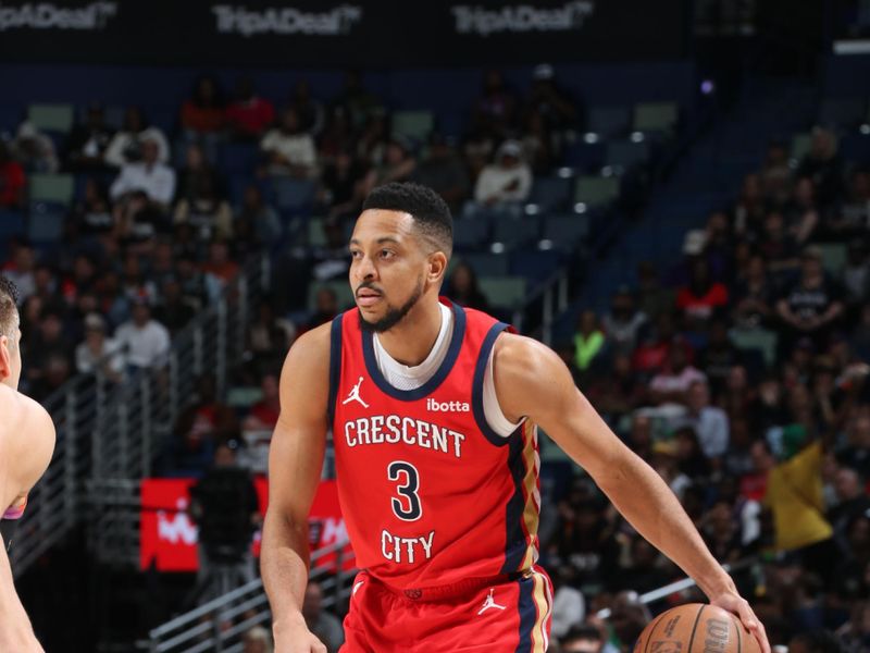 NEW ORLEANS, LA - APRIL 1: CJ McCollum #3 of the New Orleans Pelicans handles the ball during the game against the Phoenix Suns on April 1, 2024 at the Smoothie King Center in New Orleans, Louisiana. NOTE TO USER: User expressly acknowledges and agrees that, by downloading and or using this Photograph, user is consenting to the terms and conditions of the Getty Images License Agreement. Mandatory Copyright Notice: Copyright 2024 NBAE (Photo by Layne Murdoch Jr./NBAE via Getty Images)