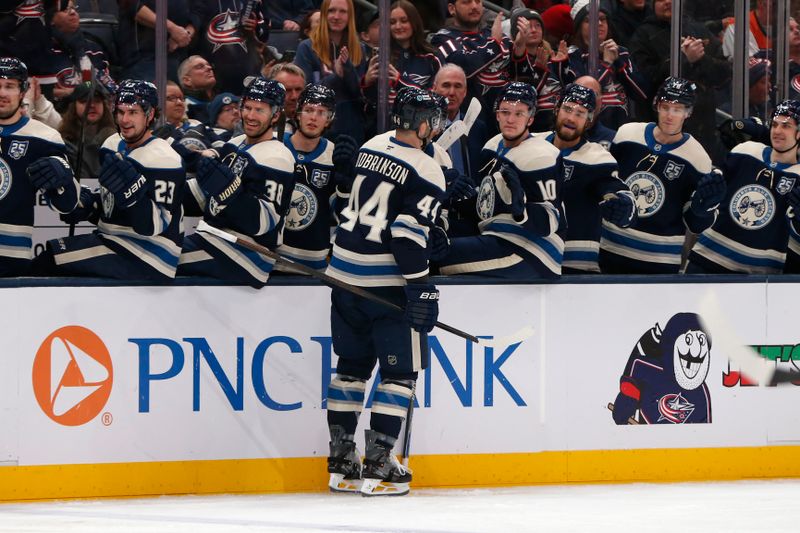 Jan 28, 2026; Columbus, Ohio, USA; Columbus Blue Jackets defenseman Erik Gudbranson (44) celebrates his goal against the Philadelphia Flyers  during the second period at Nationwide Arena. Mandatory Credit: Russell LaBounty-Imagn Images