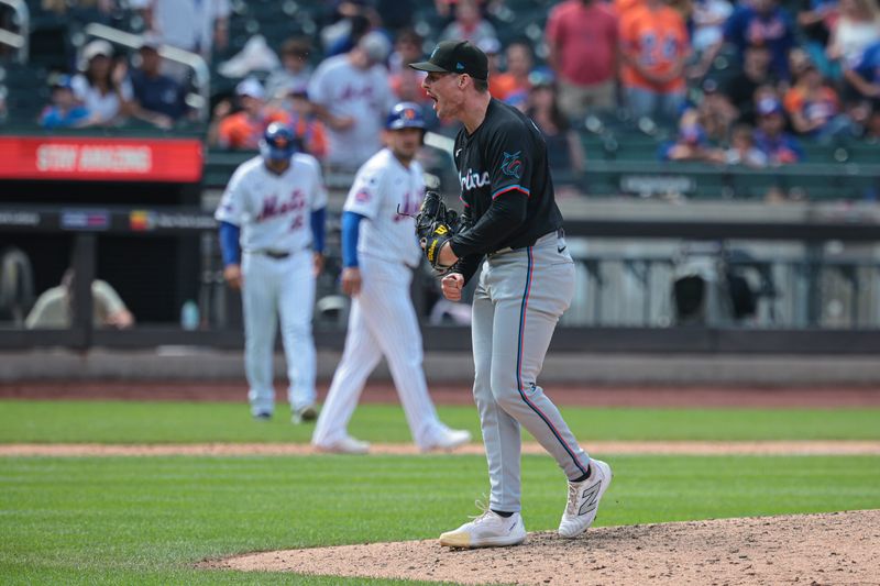 Aug 18, 2024; New York City, New York, USA;  Miami Marlins relief pitcher Calvin Faucher (53) reacts after closing with a strike out against New York Mets third baseman Mark Vientos (not pictured) at Citi Field. Mandatory Credit: Vincent Carchietta-USA TODAY Sports