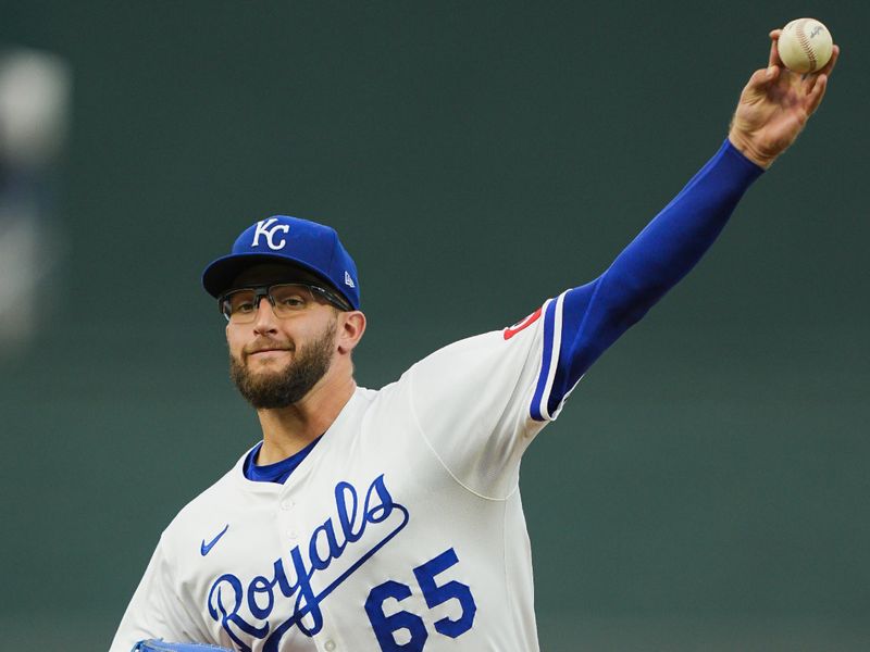 Sep 4, 2025; Kansas City, Missouri, USA; Kansas City Royals starting pitcher Noah Cameron (65) pitches during the first inning against the Los Angeles Angels at Kauffman Stadium. Mandatory Credit: Jay Biggerstaff-Imagn Images