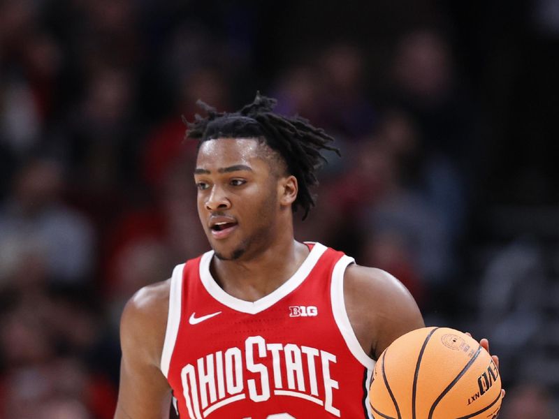 Mar 8, 2023; Chicago, IL, USA; Ohio State Buckeyes forward Brice Sensabaugh (10) brings the ball up court against the Wisconsin Badgers during the first half at United Center. Mandatory Credit: Kamil Krzaczynski-USA TODAY Sports