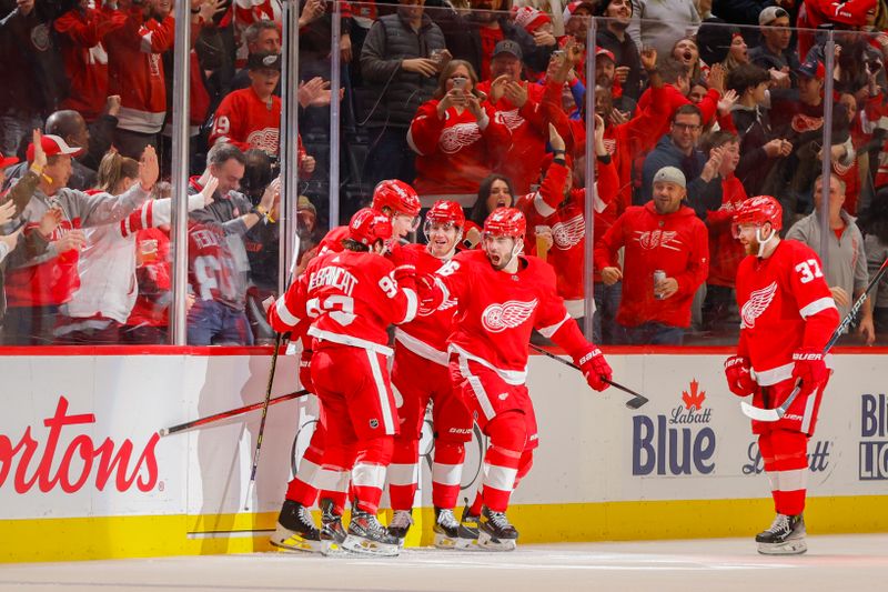 Dec 29, 2023; Detroit, Michigan, USA; Detroit Red Wings defenseman Jake Walman (96) celebrates his goal during the third period of the game between the Detroit Red Wings and the Nashville Predators at Little Caesars Arena. Mandatory Credit: Brian Bradshaw Sevald-USA TODAY Sports