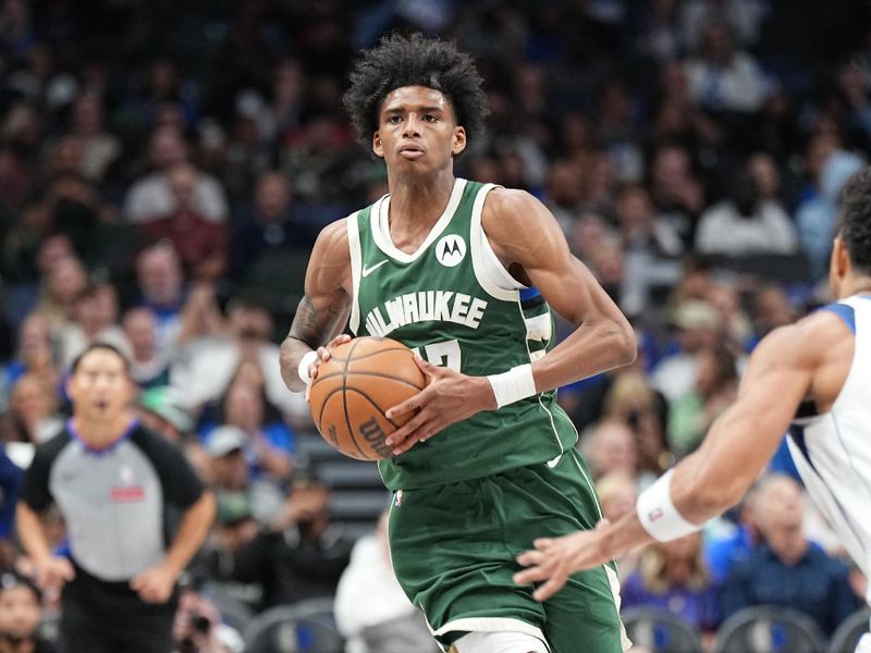 DALLAS, TX - OCTOBER 17: Taurean Prince #12 of the Milwaukee Bucks dribbles the ball during the game against the Dallas Mavericks during a NBA preseason game on October 17, 2024 at American Airlines Center in Dallas, Texas. NOTE TO USER: User expressly acknowledges and agrees that, by downloading and or using this photograph, User is consenting to the terms and conditions of the Getty Images License Agreement. Mandatory Copyright Notice: Copyright 2024 NBAE (Photo by Glenn James/NBAE via Getty Images)