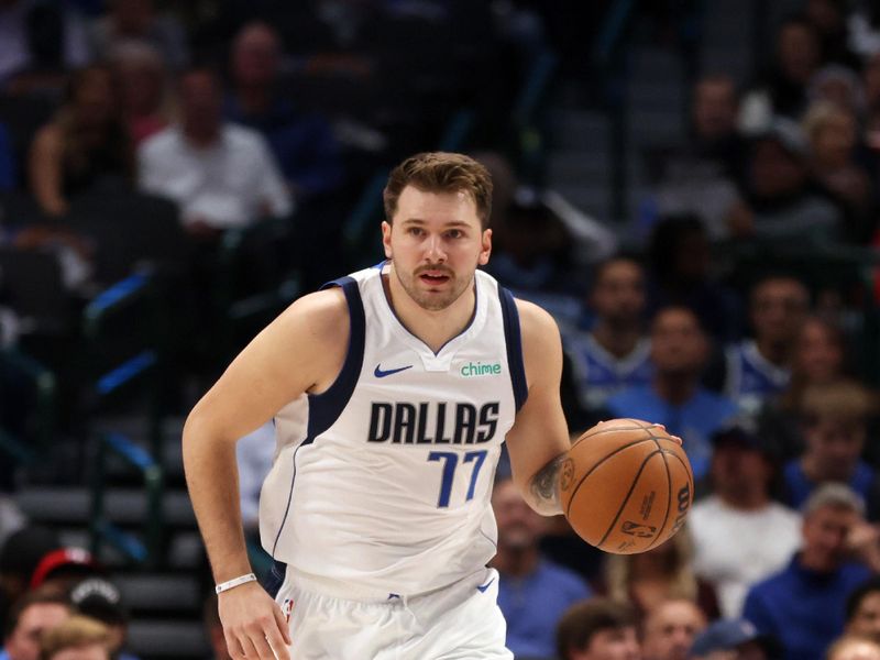 DALLAS, TEXAS - NOVEMBER 01: Luka Doncic #77 of the Dallas Mavericks dribbles the ball up court in the first half against the Chicago Bulls at American Airlines Center on November 01, 2023 in Dallas, Texas. NOTE TO USER: User expressly acknowledges and agrees that, by downloading and or using this photograph, User is consenting to the terms and conditions of the Getty Images License Agreement. (Photo by Tim Heitman/Getty Images)