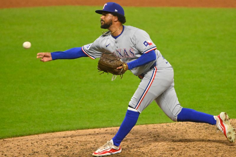 Aug 24, 2024; Cleveland, Ohio, USA; Texas Rangers relief pitcher Grant Anderson (65) delivers a pitch in the the sixth inning against the Cleveland Guardians at Progressive Field. Mandatory Credit: David Richard-USA TODAY Sports