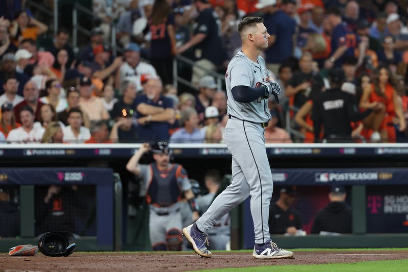 Oct 2, 2024; Houston, Texas, USA; Detroit Tigers first baseman Spencer Torkelson (20) reacts after striking out against the Houston Astros during the sixth inning of game two of the Wildcard round for the 2024 MLB Playoffs at Minute Maid Park. Mandatory Credit: Thomas Shea-Imagn Images
