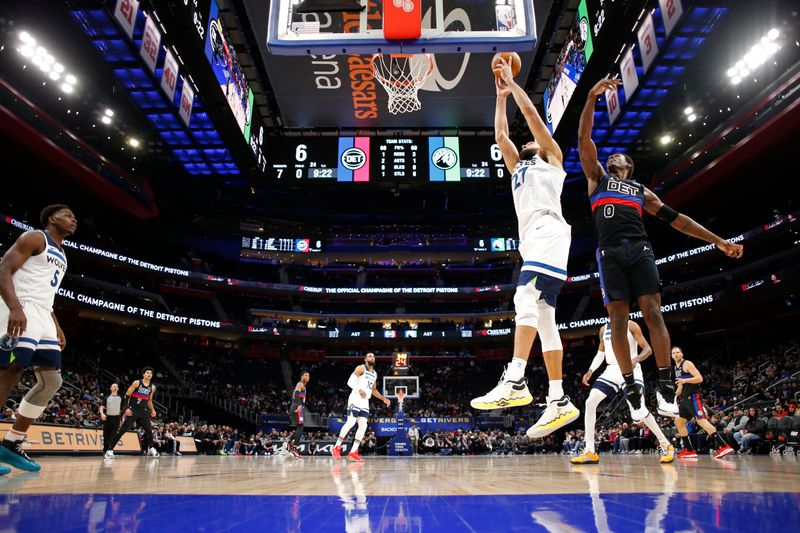 DETROIT, MI - JANUARY 17: Rudy Gobert #27 of the Minnesota Timberwolves dunks the ball during the game against the Detroit Pistons on January 17, 2024 at Little Caesars Arena in Detroit, Michigan. NOTE TO USER: User expressly acknowledges and agrees that, by downloading and/or using this photograph, User is consenting to the terms and conditions of the Getty Images License Agreement. Mandatory Copyright Notice: Copyright 2024 NBAE (Photo by Brian Sevald/NBAE via Getty Images)