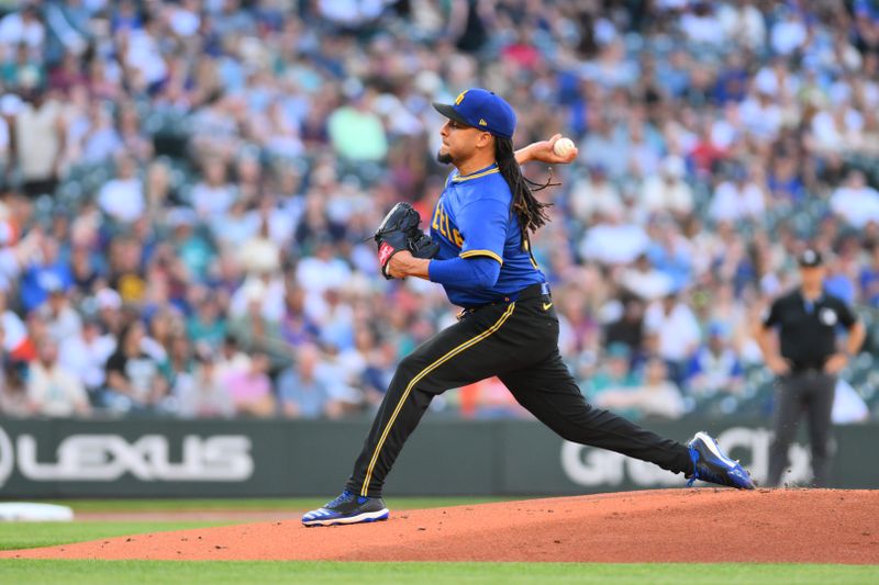 Jul 19, 2024; Seattle, Washington, USA; Seattle Mariners starting pitcher Luis Castillo (58) pitches to the Houston Astros during the first inning at T-Mobile Park. Mandatory Credit: Steven Bisig-USA TODAY Sports