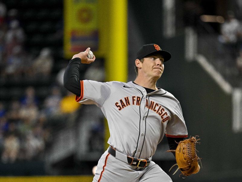 Jun 8, 2024; Arlington, Texas, USA; San Francisco Giants starting pitcher Spencer Howard (56) pitches against the Texas Rangers during the first inning at Globe Life Field. Mandatory Credit: Jerome Miron-USA TODAY Sports