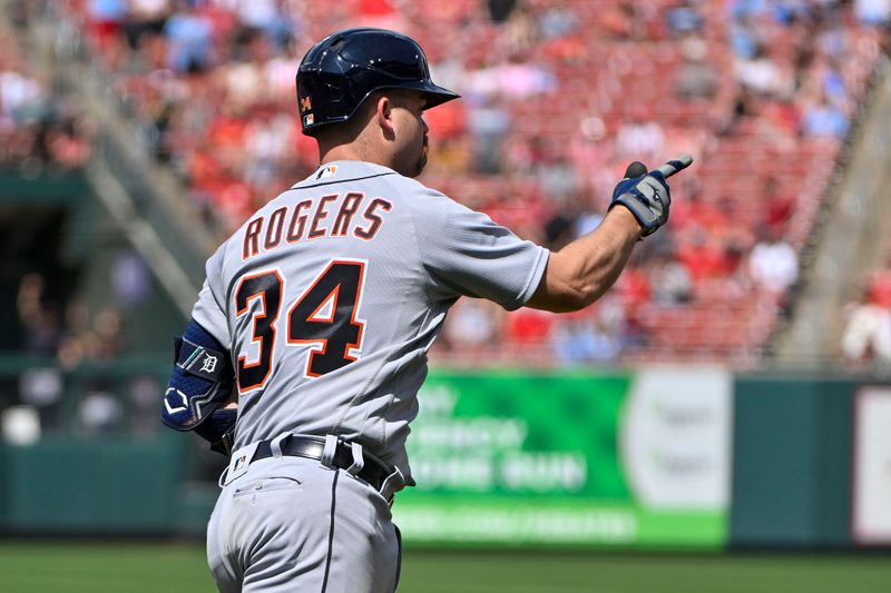 May 7, 2023; St. Louis, Missouri, USA;  Detroit Tigers catcher Jake Rogers (34) reacts after hitting a grand slam against the St. Louis Cardinals during the sixth inning at Busch Stadium. Mandatory Credit: Jeff Curry-USA TODAY Sports