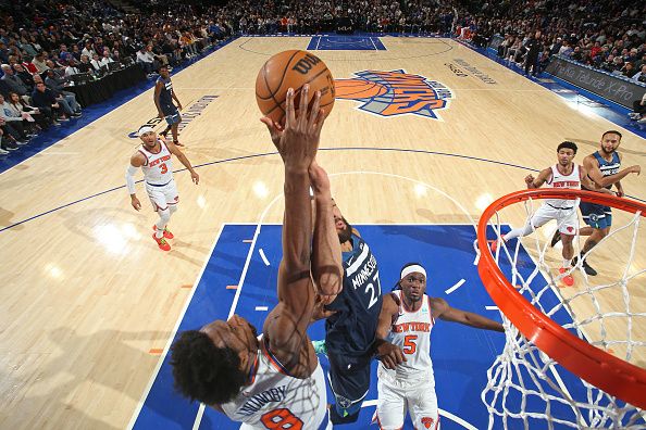 NEW YORK, NY - JANUARY 1: OG Anunoby #8 of the New York Knicks block during the game against the Minnesota Timberwolves on January 1, 2024 at Madison Square Garden in New York City, New York.  NOTE TO USER: User expressly acknowledges and agrees that, by downloading and or using this photograph, User is consenting to the terms and conditions of the Getty Images License Agreement. Mandatory Copyright Notice: Copyright 2024 NBAE  (Photo by Nathaniel S. Butler/NBAE via Getty Images)