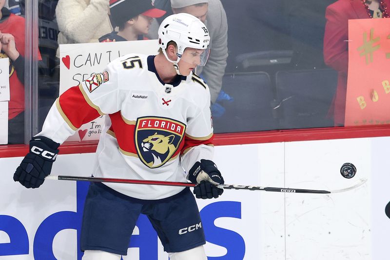 Jan 22, 2026; Winnipeg, Manitoba, CAN; Florida Panthers center Anton Lundell (15) puck juggles before a game against the Winnipeg Jets at Canada Life Centre. Mandatory Credit: James Carey Lauder-Imagn Images