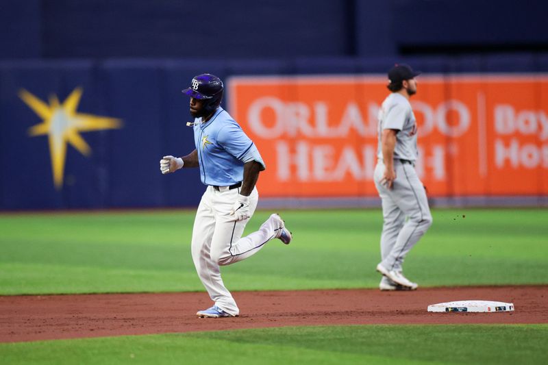 Apr 24, 2024; St. Petersburg, Florida, USA;  Tampa Bay Rays outfielder Randy Arozarena (56) runs the bases after hitting a home run against the Detroit Tigers in the first inning at Tropicana Field. Mandatory Credit: Nathan Ray Seebeck-USA TODAY Sports