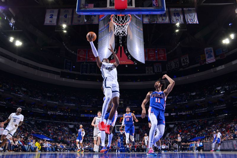 PHILADELPHIA, PA - MARCH 6: GG Jackson #45 of the Memphis Grizzlies drives to the basket during the game against the Philadelphia 76ers on March 6, 2024 at the Wells Fargo Center in Philadelphia, Pennsylvania NOTE TO USER: User expressly acknowledges and agrees that, by downloading and/or using this Photograph, user is consenting to the terms and conditions of the Getty Images License Agreement. Mandatory Copyright Notice: Copyright 2024 NBAE (Photo by Jesse D. Garrabrant/NBAE via Getty Images)