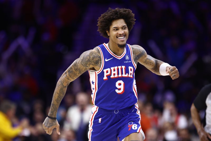 PHILADELPHIA, PENNSYLVANIA - DECEMBER 11: Kelly Oubre Jr. #9 of the Philadelphia 76ers reacts during the third quarter against the Washington Wizards at the Wells Fargo Center on December 11, 2023 in Philadelphia, Pennsylvania. (Photo by Tim Nwachukwu/Getty Images)