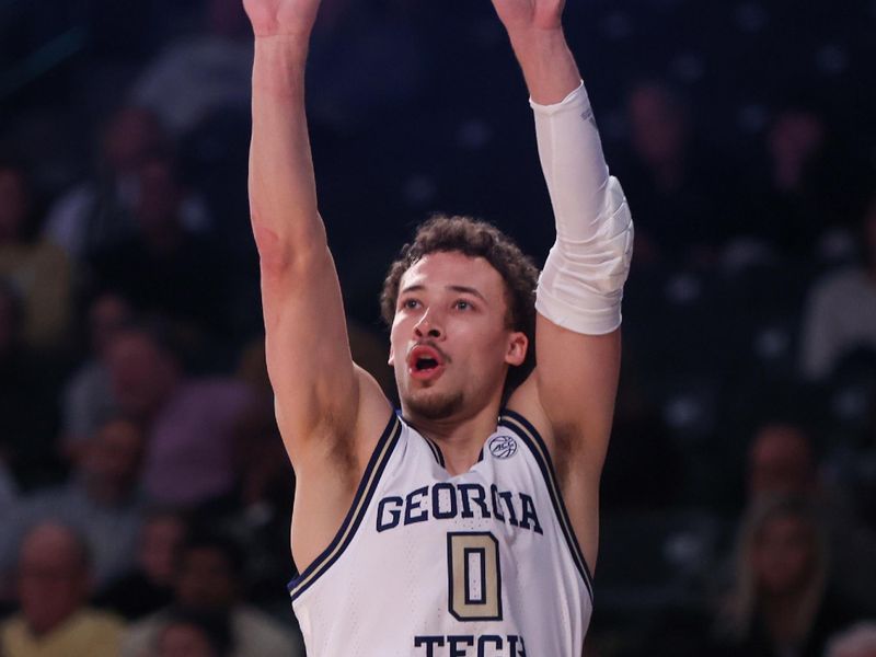 Jan 4, 2025; Atlanta, Georgia, USA; Georgia Tech Yellow Jackets guard Lance Terry (0) shoots against the Boston College Eagles in the second half at McCamish Pavilion. Mandatory Credit: Brett Davis-Imagn Images
