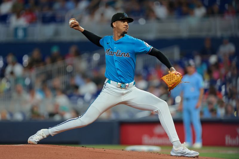 Aug 24, 2025; Miami, Florida, USA; Miami Marlins starting pitcher Eury Perez (39) delivers a pitch against the Toronto Blue Jays during the first inning at loanDepot Park. Mandatory Credit: Sam Navarro-Imagn Images