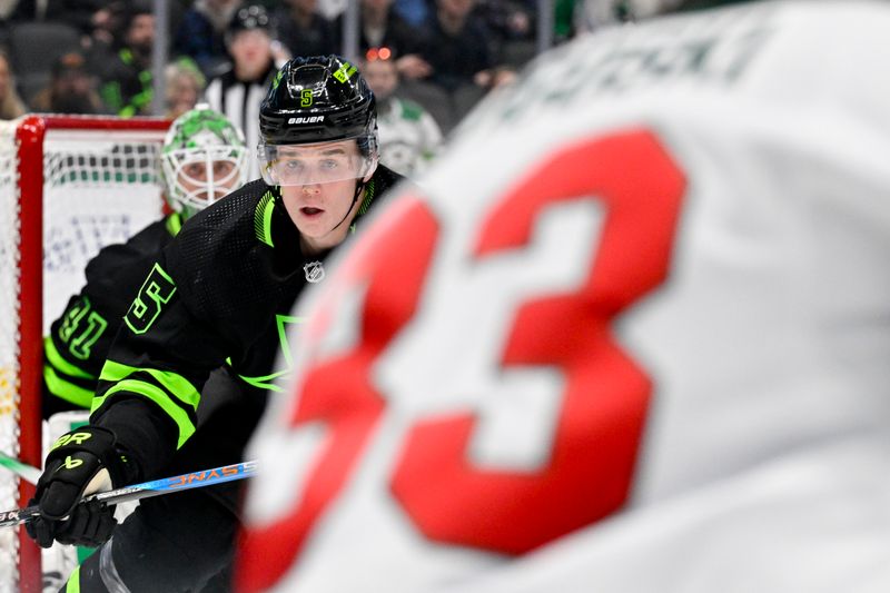 Jan 10, 2024; Dallas, Texas, USA; Dallas Stars goaltender Scott Wedgewood (41) and defenseman Nils Lundkvist (5) face a shot by Minnesota Wild defenseman Alex Goligoski (33) during the third period at the American Airlines Center. Mandatory Credit: Jerome Miron-USA TODAY Sports