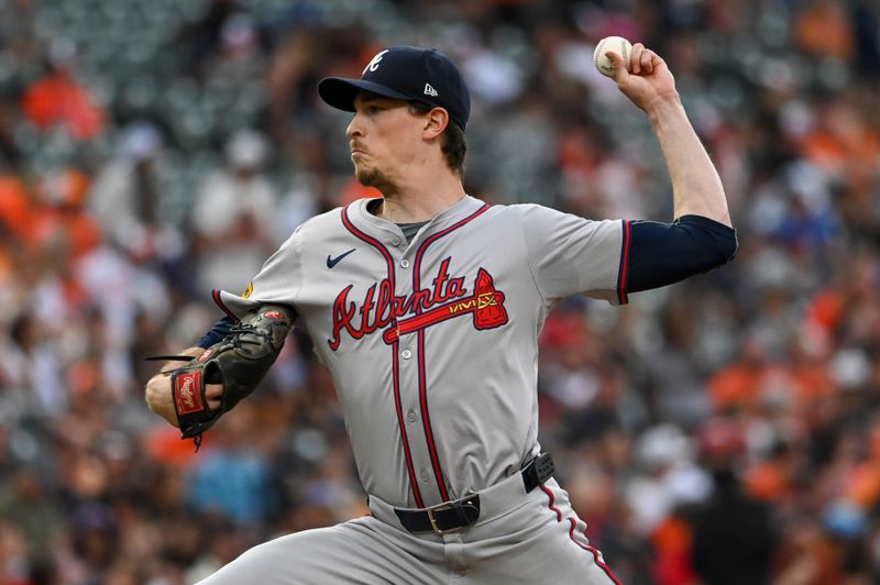 Jun 11, 2024; Baltimore, Maryland, USA;  Atlanta Braves pitcher Max Fried (54) throws second inning pitch against the Baltimore Orioles at Oriole Park at Camden Yards. Mandatory Credit: Tommy Gilligan-USA TODAY Sports