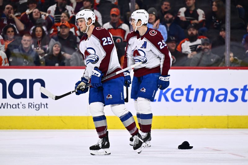 Jan 20, 2024; Philadelphia, Pennsylvania, USA; Colorado Avalanche right wing Logan O'Connor (25) looks on after scoring a hat-trick goal against the Philadelphia Flyers in the third period at Wells Fargo Center. Mandatory Credit: Kyle Ross-USA TODAY Sports