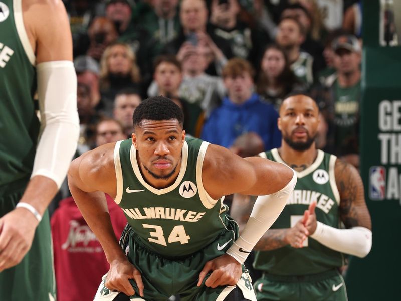 MILWAUKEE, WI - JANUARY 8: Giannis Antetokounmpo #34 of the Milwaukee Bucks plays defense during the game against the San Antonio Spurs on January 8, 2025 at the Fiserv Forum Center in Milwaukee, Wisconsin. NOTE TO USER: User expressly acknowledges and agrees that, by downloading and or using this Photograph, user is consenting to the terms and conditions of the Getty Images License Agreement. Mandatory Copyright Notice: Copyright 2025 NBAE (Photo by Gary Dineen/NBAE via Getty Images).