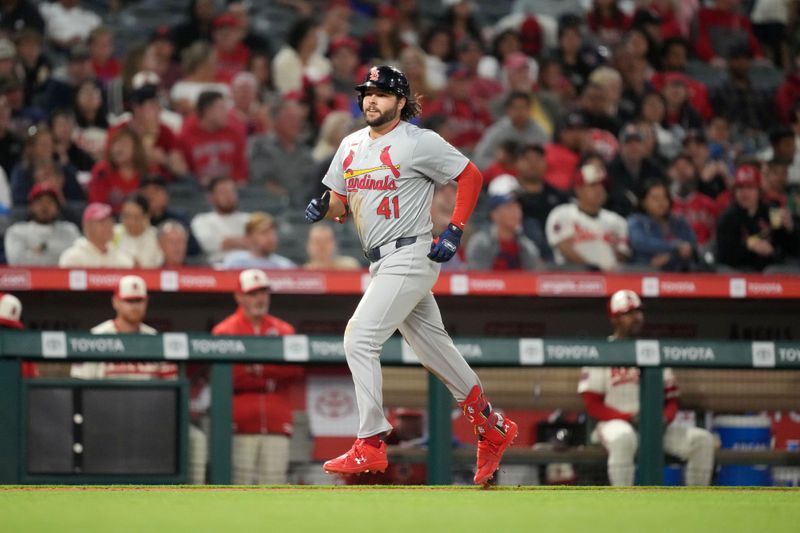 May 14, 2024; Anaheim, California, USA; St. Louis Cardinals designated hitter Alec Burleson (41) runs the bases after hitting a two-run home run in the seventh inning against the Los Angeles Angels  at Angel Stadium. Mandatory Credit: Kirby Lee-USA TODAY Sports