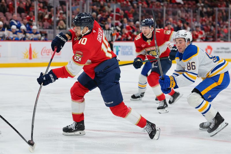 Feb 2, 2026; Sunrise, Florida, USA; Florida Panthers left wing A.J. Greer (10) shoots the puck agains the Buffalo Sabres during the first period at Amerant Bank Arena. Mandatory Credit: Sam Navarro-Imagn Images