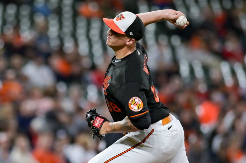 Sep 27, 2023; Baltimore, Maryland, USA;  Baltimore Orioles starting pitcher Tyler Wells (68) throws  ninth inning pitch against the Washington Nationals at Oriole Park at Camden Yards. Mandatory Credit: Tommy Gilligan-USA TODAY Sports