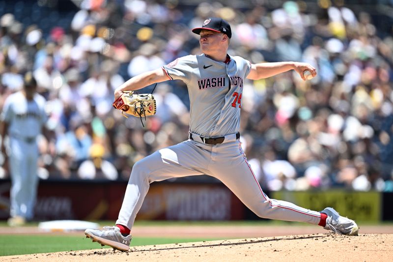 Jun 26, 2024; San Diego, California, USA; Washington Nationals starting pitcher DJ Herz (74) pitches against the San Diego Padres during the first inning at Petco Park. Mandatory Credit: Orlando Ramirez-USA TODAY Sports