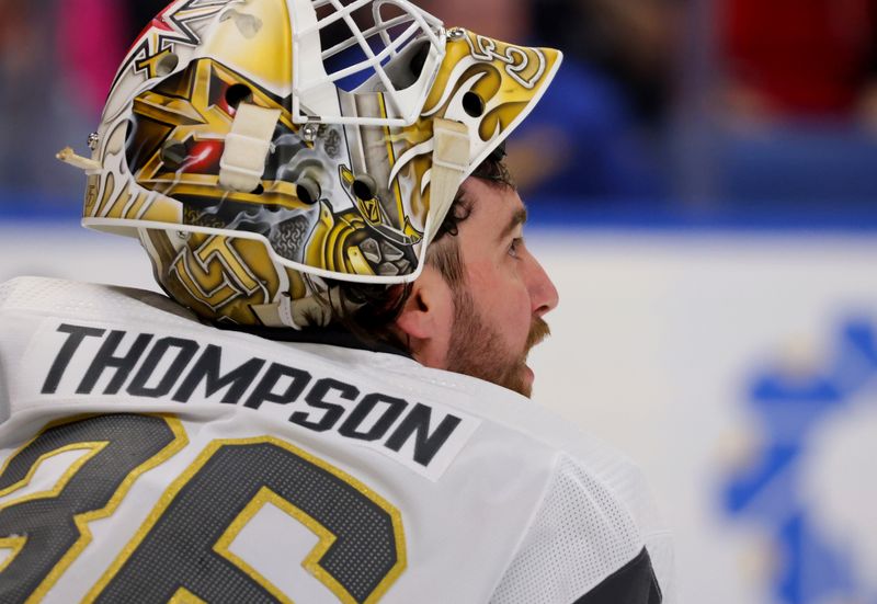 Mar 2, 2024; Buffalo, New York, USA;  Vegas Golden Knights goaltender Logan Thompson (36) during a stoppage in play against the Buffalo Sabres during the second period at KeyBank Center. Mandatory Credit: Timothy T. Ludwig-USA TODAY Sports