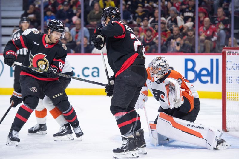 Oct 23, 2025; Ottawa, Ontario, CAN; Philadelphia Flyers goalie Dan Vladar (80) makes a save in front of Ottawa Senators center Lars Eller (89) and left wing Fabian Zetterlund (20) in the first period at the Canadian Tire Centre. Mandatory Credit: Marc DesRosiers-IMAGN Images