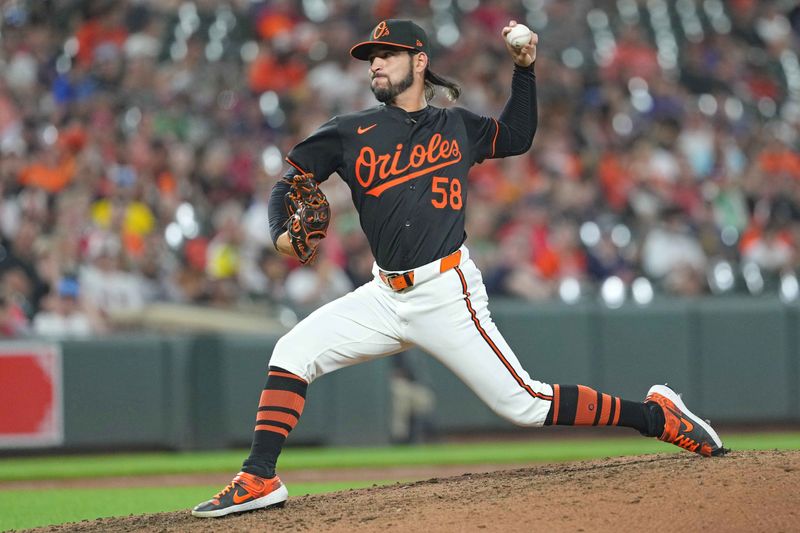 Aug 15, 2024; Baltimore, Maryland, USA; Baltimore Orioles pitcher Cionel Perez (58) delivers in the eighth inning against the Boston Red Sox at Oriole Park at Camden Yards. Mandatory Credit: Mitch Stringer-USA TODAY Sports