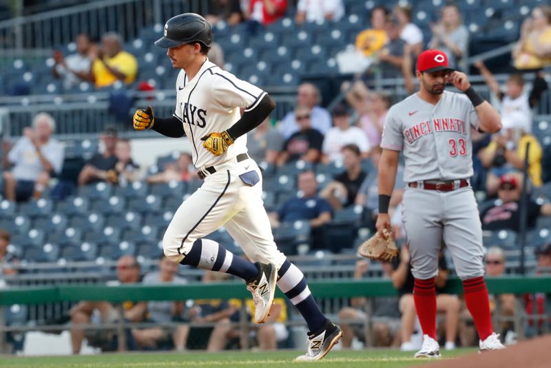 Aug 13, 2023; Pittsburgh, PA, USA; Pittsburgh Pirates left fielder Bryan Reynolds (10) circles the bases on a solo home run against the Cincinnati Reds during the first inning at PNC Park. Mandatory Credit: Charles LeClaire-USA TODAY Sports