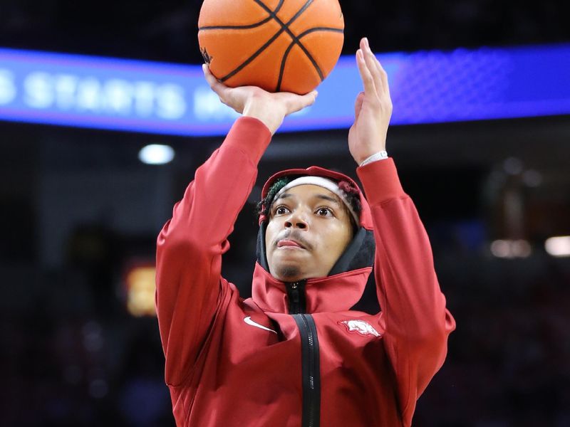 Feb 11, 2023; Fayetteville, Arkansas, USA; Arkansas Razorbacks guard Nick Smith Jr. during pregame warmups prior to facing the Mississippi State Bulldogs at Bud Walton Arena. Mandatory Credit: Nelson Chenault-USA TODAY Sports