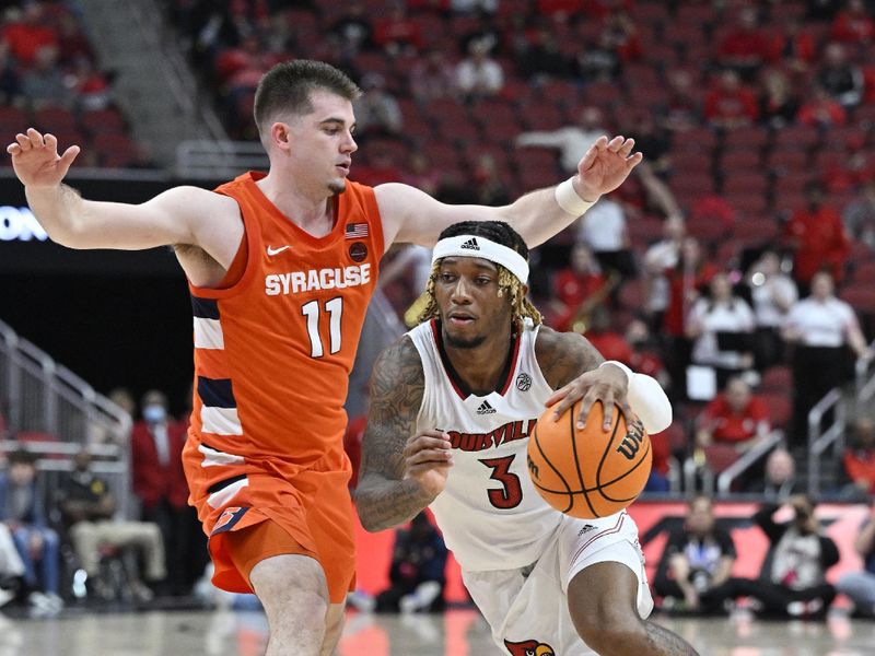 Jan 3, 2023; Louisville, Kentucky, USA; Louisville Cardinals guard El Ellis (3) dribbles against Syracuse Orange guard Joseph Girard III (11) during the second half at KFC Yum! Center. Syracuse defeated Louisville 70-69. Mandatory Credit: Jamie Rhodes-USA TODAY Sports