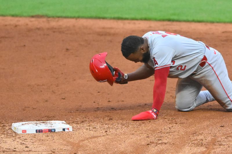 May 3, 2024; Cleveland, Ohio, USA; Los Angeles Angels second baseman Luis Rengifo (2) reacts after he was caught stealing second base in the third inning against the Cleveland Guardians at Progressive Field. Mandatory Credit: David Richard-USA TODAY Sports