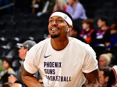 PHOENIX, AZ - DECEMBER 12: Bradley Beal #3 of the Phoenix Suns smiles before the game against the Golden State Warriors on December 12, 2023 at Footprint Center in Phoenix, Arizona. NOTE TO USER: User expressly acknowledges and agrees that, by downloading and or using this photograph, user is consenting to the terms and conditions of the Getty Images License Agreement. Mandatory Copyright Notice: Copyright 2023 NBAE (Photo by Barry Gossage/NBAE via Getty Images)