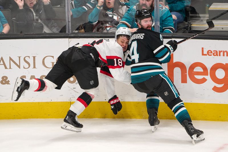 Mar 9, 2024; San Jose, California, USA; San Jose Sharks defenseman Kyle Burroughs (4) checks Ottawa Senators center Tim Stutzle (18) during the third period at SAP Center at San Jose. Mandatory Credit: Robert Edwards-USA TODAY Sports