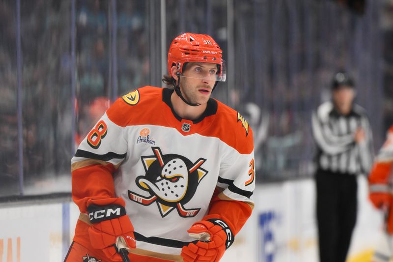 Nov 27, 2024; Seattle, Washington, USA; Anaheim Ducks center Jansen Harkins (38) during the second period against the Seattle Kraken at Climate Pledge Arena. Mandatory Credit: Steven Bisig-Imagn Images