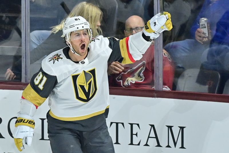 Feb 8, 2024; Tempe, Arizona, USA; Vegas Golden Knights right wing Jonathan Marchessault (81) celebrates after scoring a goal 19 seconds into the first period against the Arizona Coyotes at Mullett Arena. Mandatory Credit: Matt Kartozian-USA TODAY Sports