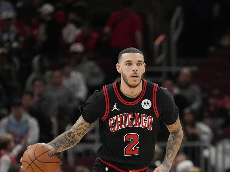 CHICAGO, ILLINOIS - DECEMBER 06: Lonzo Ball #2 of the Chicago Bulls dribbles the ball against the Indiana Pacers during the first quarter of a game at the United Center on December 06, 2024 in Chicago, Illinois. NOTE TO USER: User expressly acknowledges and agrees that, by downloading and or using this photograph, User is consenting to the terms and conditions of the Getty Images License Agreement. (Photo by Patrick McDermott/Getty Images)