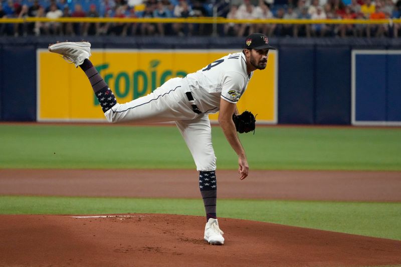 Jul 4, 2023; St. Petersburg, Florida, USA; Tampa Bay Rays starting pitcher Zach Eflin (24) throws a pitch during the first inning against the Philadelphia Phillies at Tropicana Field. Mandatory Credit: Dave Nelson-USA TODAY Sports